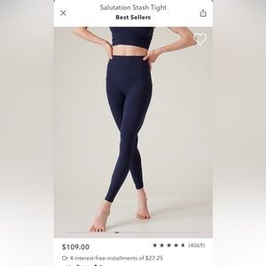 Athleta salutation 7/8 tights, with pockets, navy, large